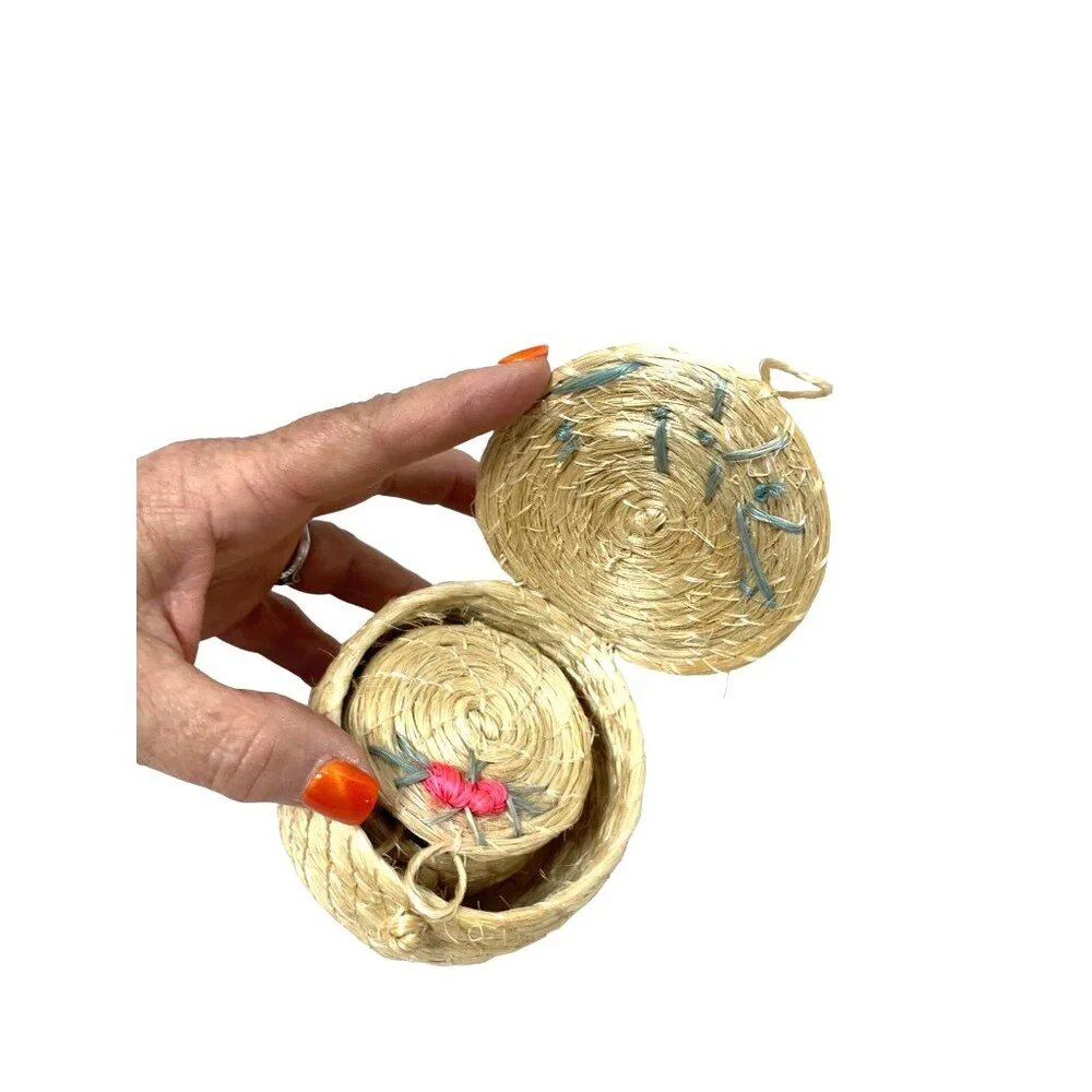 3 Miniature Straw Nesting Baskets Floral Vintage